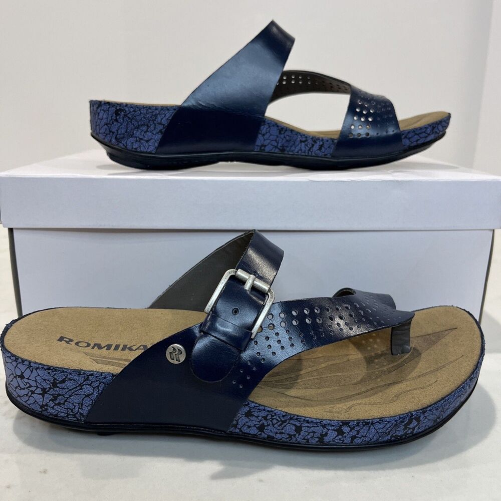Romika NEW Leather Comfort Walking Sandals Blue Slip On Adjustable EU37 US 6-6.5